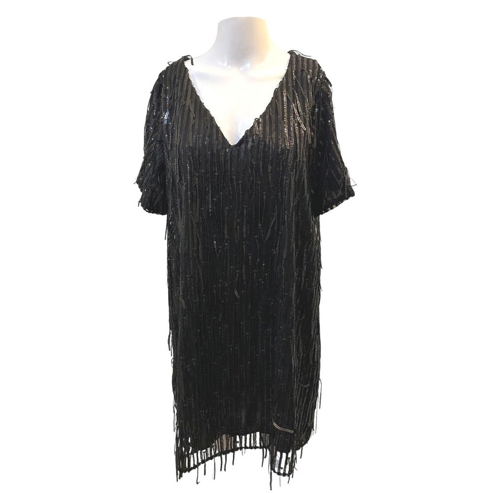 Zara Womens Black Sequin Fringe Mini Dress V-Neck Short Sleeve Party Size M